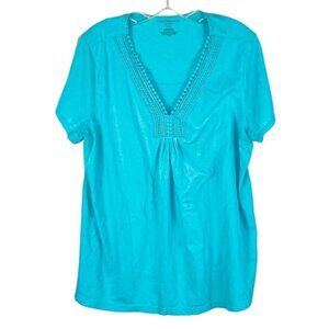 Croft & Borrow Intimates Pajama Top Crochet Trim V-neck BOHO XXL Turquoise